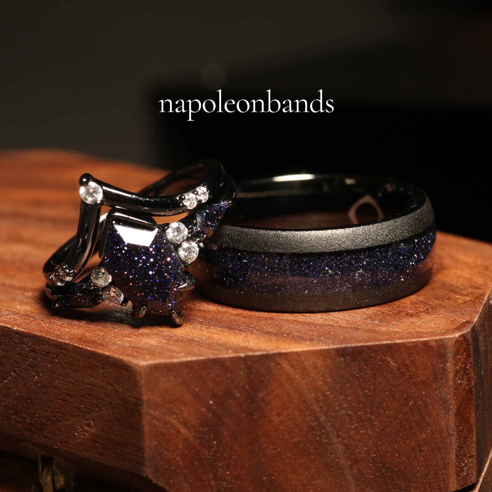 Sandstone, Black Tungsten, 925 Silver Rift Nebula Couple Wedding Band, Ring Set