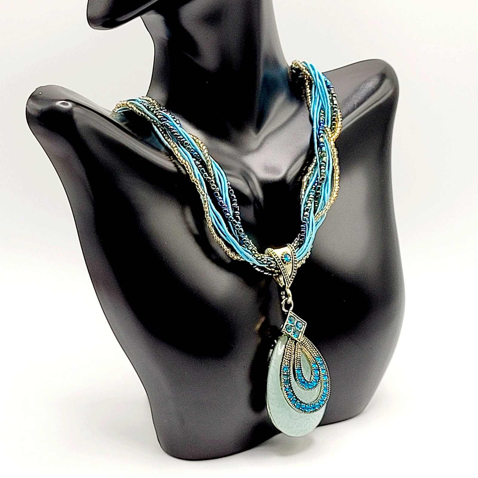 Modern Braided Multi Strand Peacock Colors Crystal Faux Stone Pendant Necklace