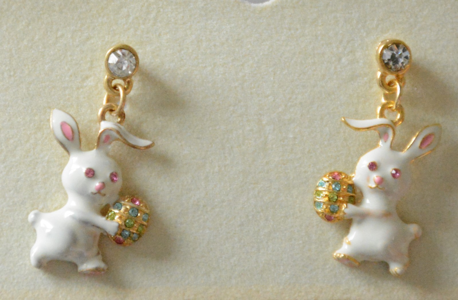 Easter Bunny w Easter Egg Dangling Post Earrings / Gold-tone w Crystals / Pastel