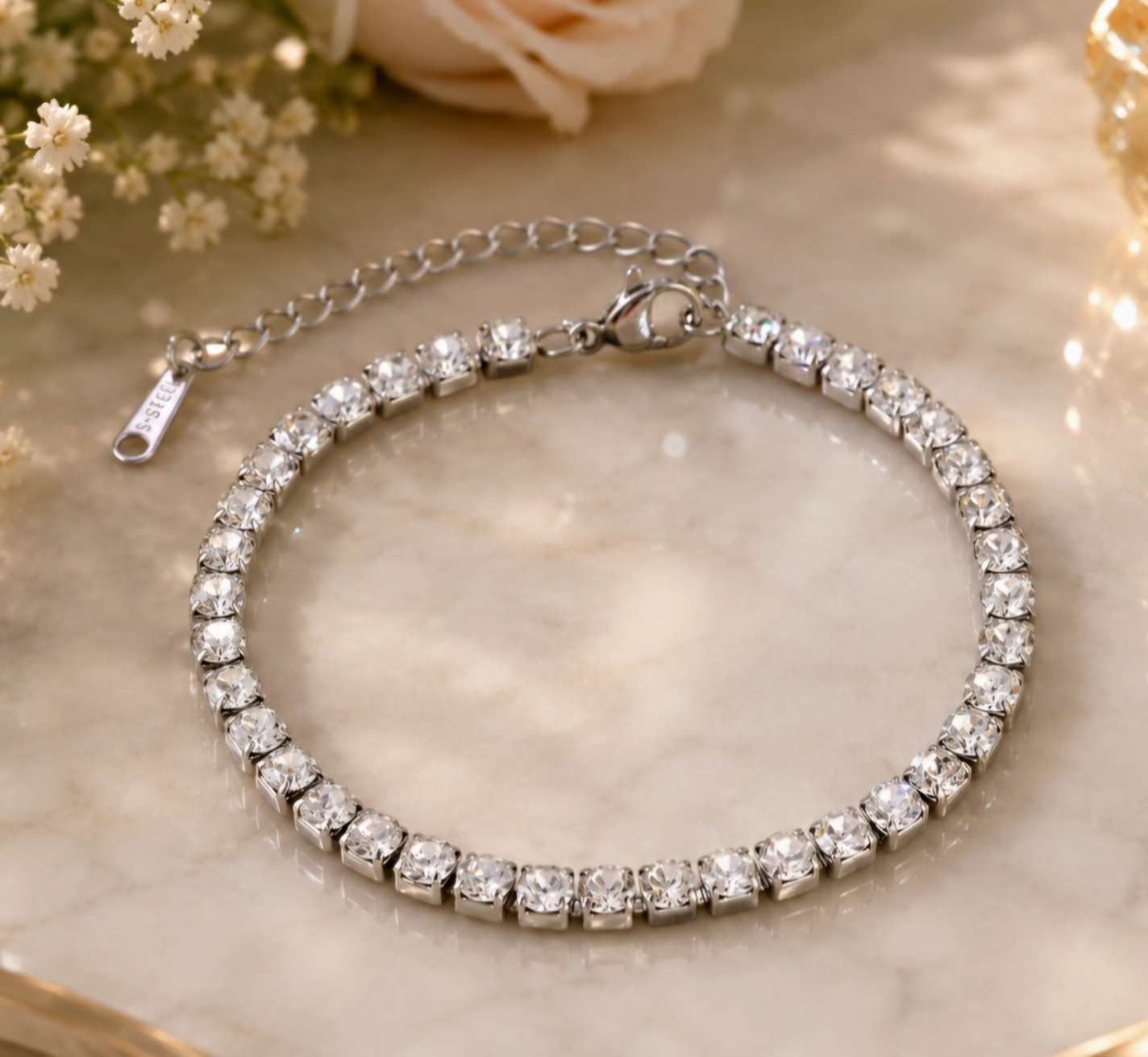 Silver Tone Stainless Steel CZ Tennis Bracelet w/ Extender, Adjustable 7.6-8″