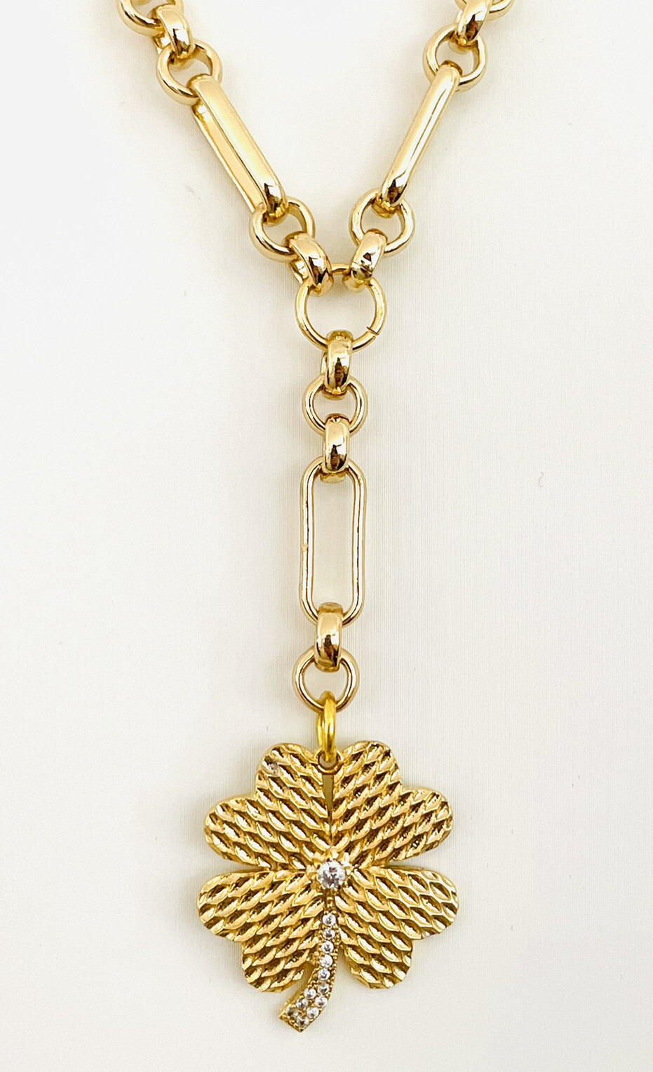 Mixed Paperclip Chain Lariat Necklace Pave CZ Clover Textured Charm Medallion
