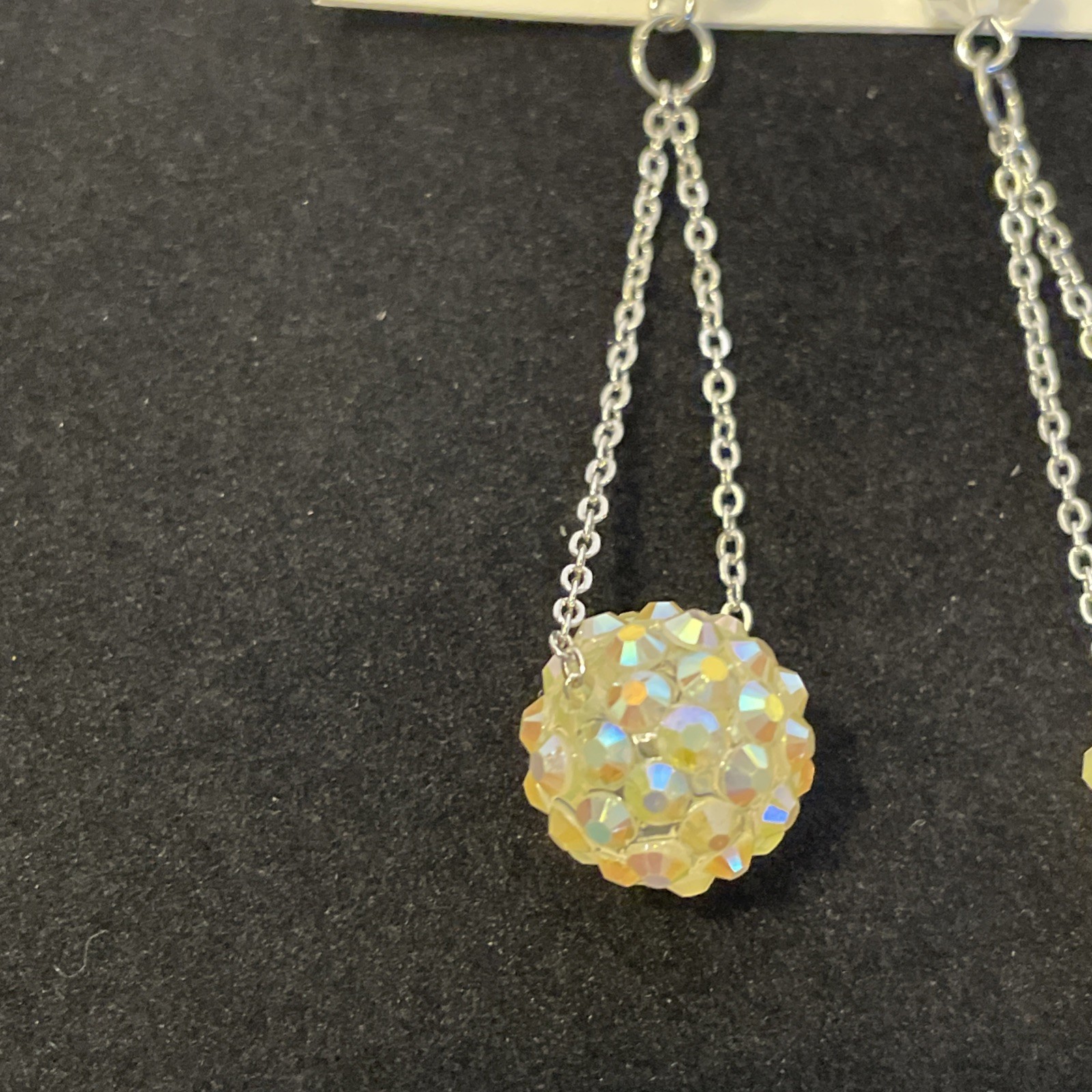 Sparkle White Disco Ball Shamballa Dangle Earrings Silver Tone 3.5 in Chain Drop