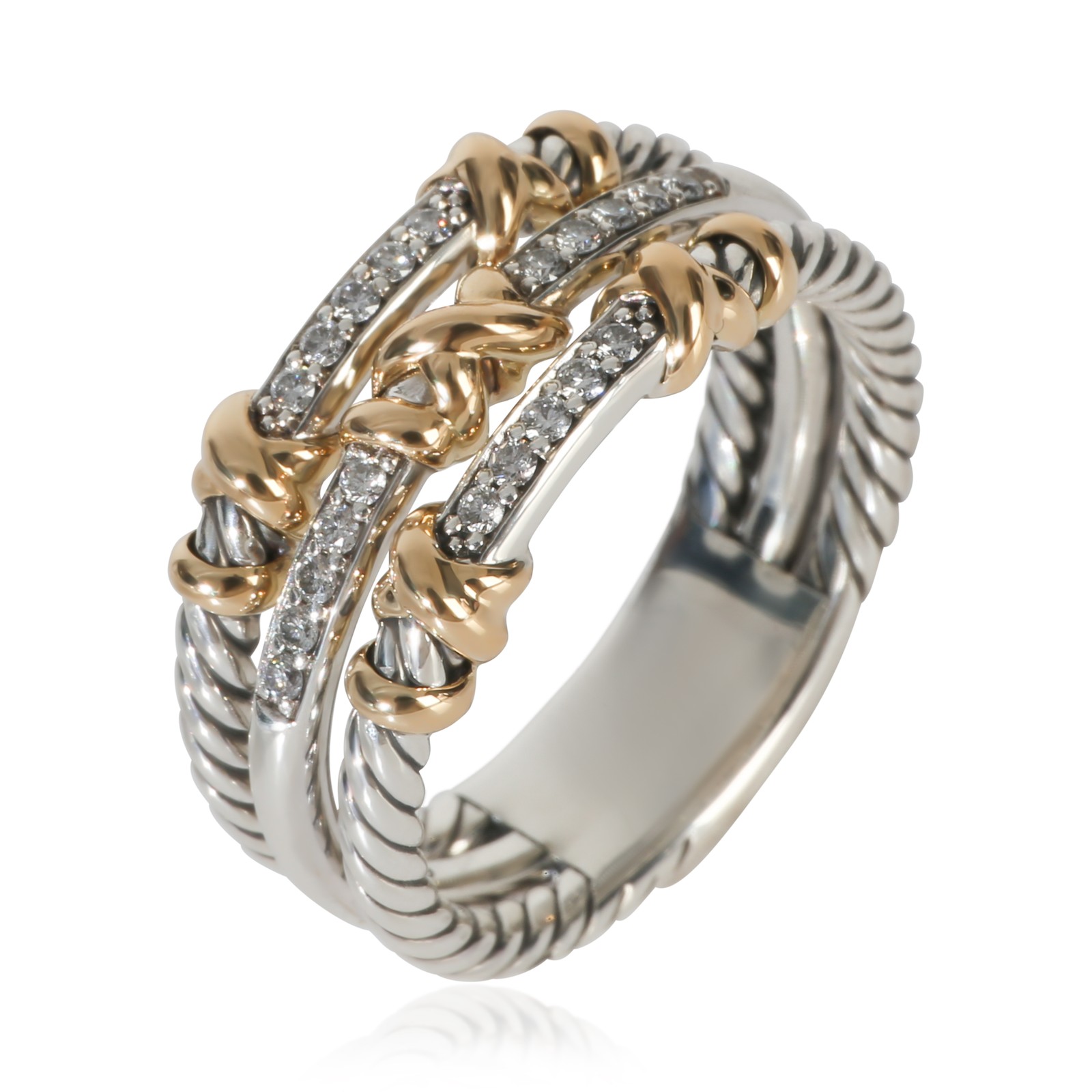 David Yurman Yellow Gold & Sterling Silver Diamond Petite Helena 3 Row Ring