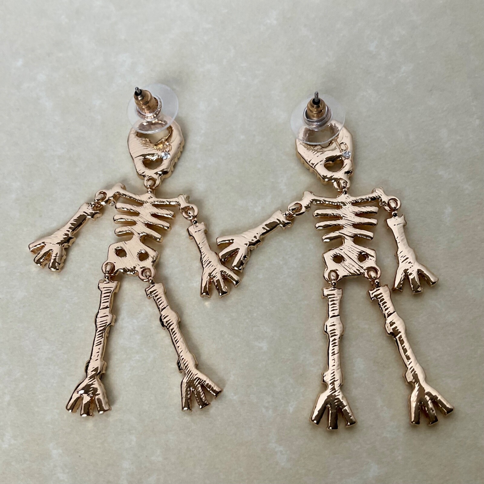 Skeleton Dangle Earrings Gold Tone Rhinestones Articulating Bijoux Bar