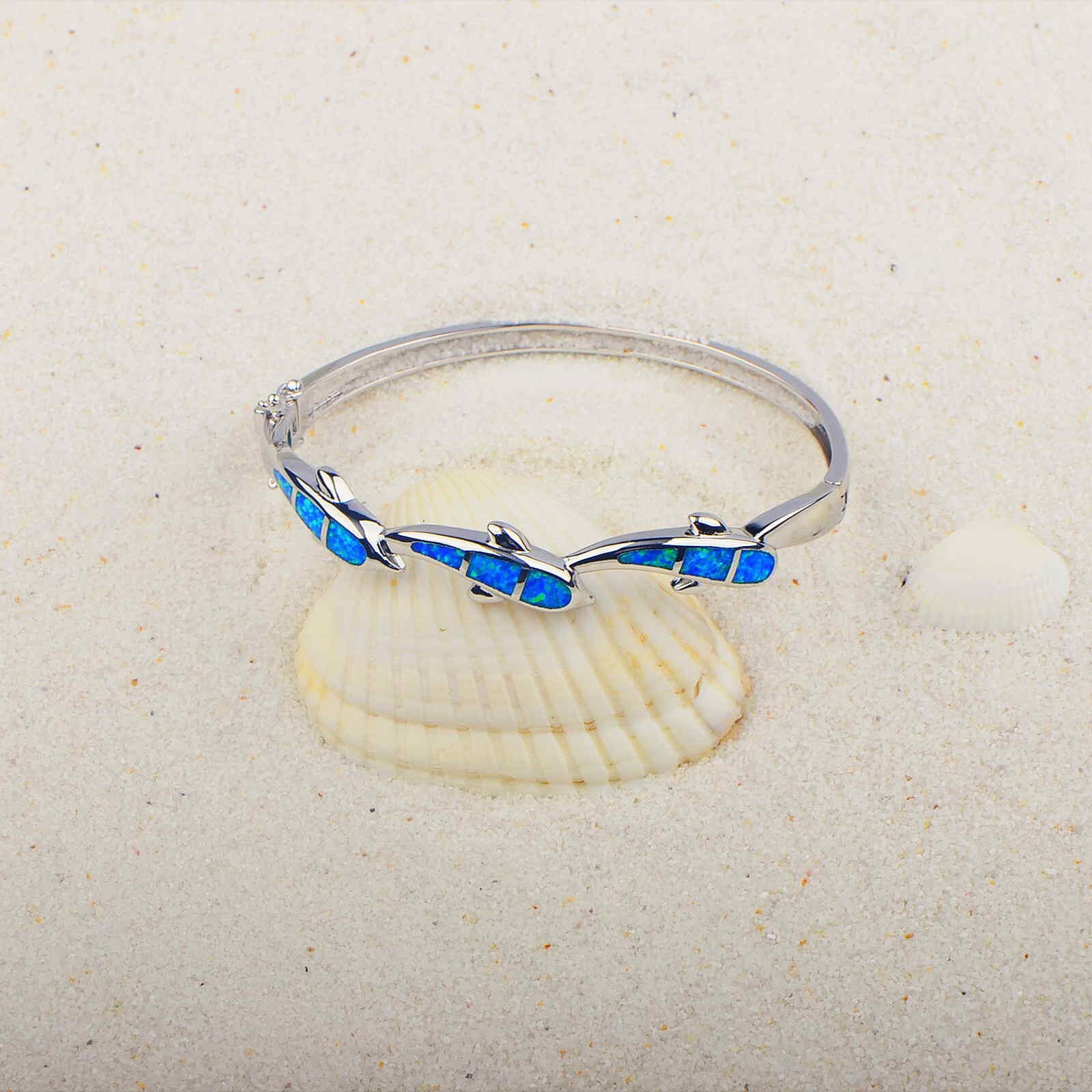 Blue Opal Cute Dolphin Cuff Bangles 925 Sterling Sliver Jewelry For Women Girl