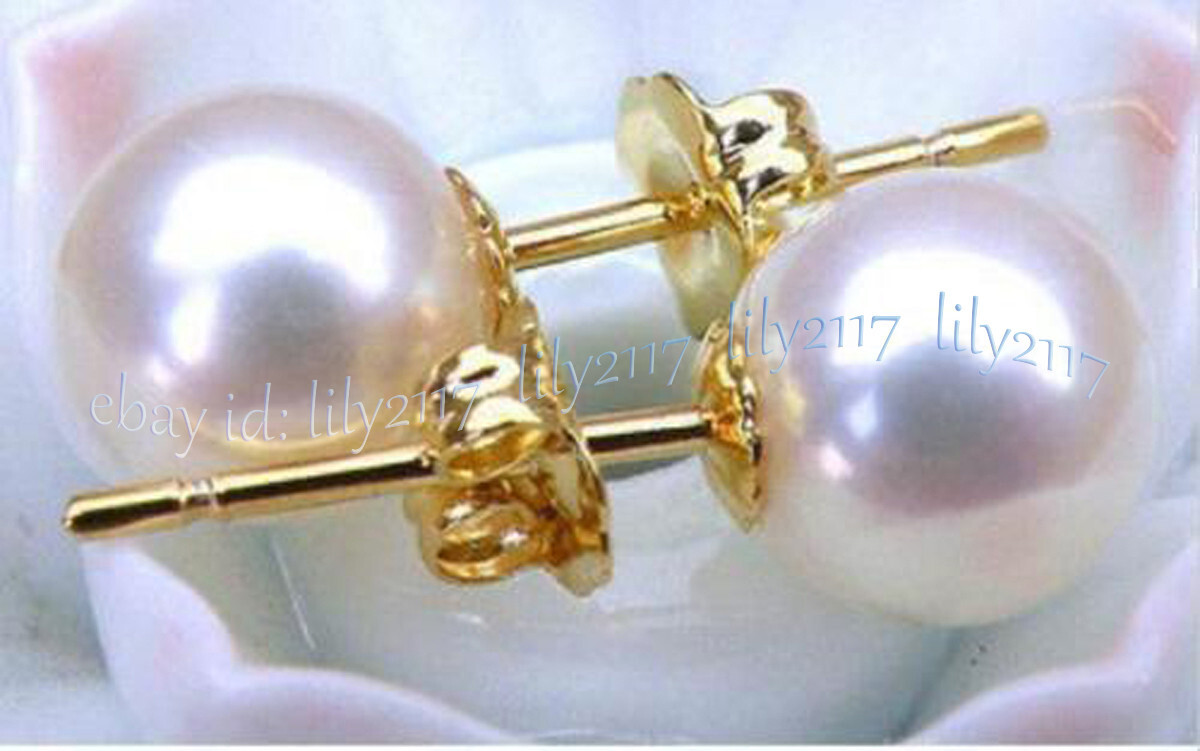 PERFECT AAA++ NATURAL REAL WHITE ROUND PEARL STUD EARRINGS 14K GOLD
