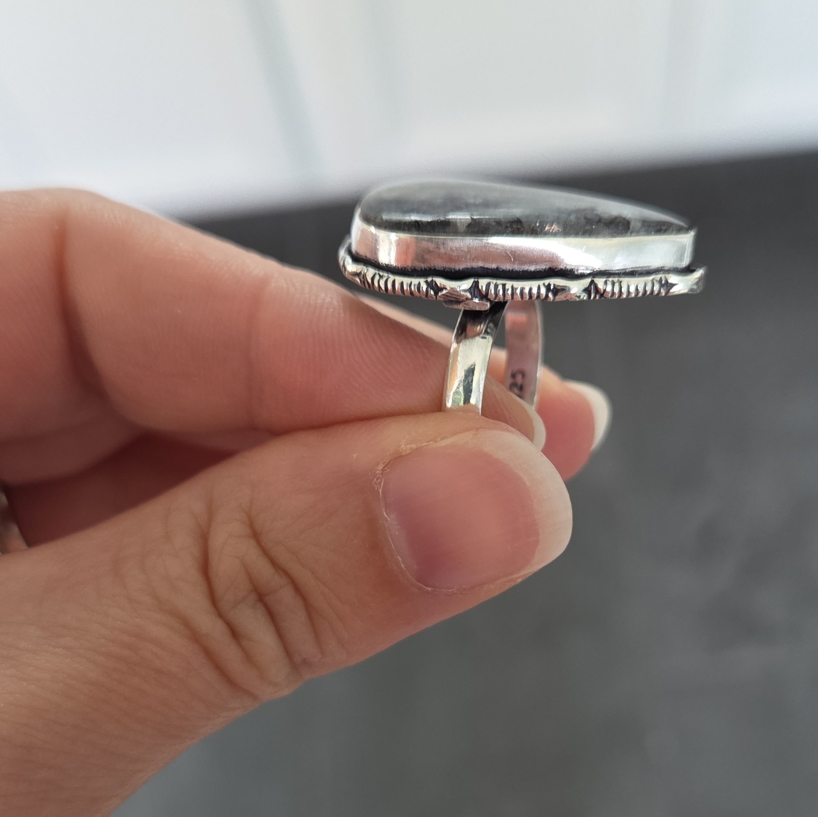Teardrop Black Stone Bezel Set Cocktail Ring Size 7