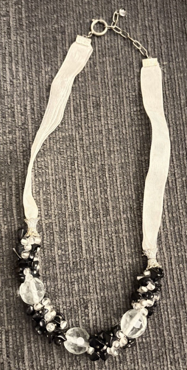 White Ribbon Beaded Necklace, Clear & Black Round Beads, Cable Chain, Lobster
