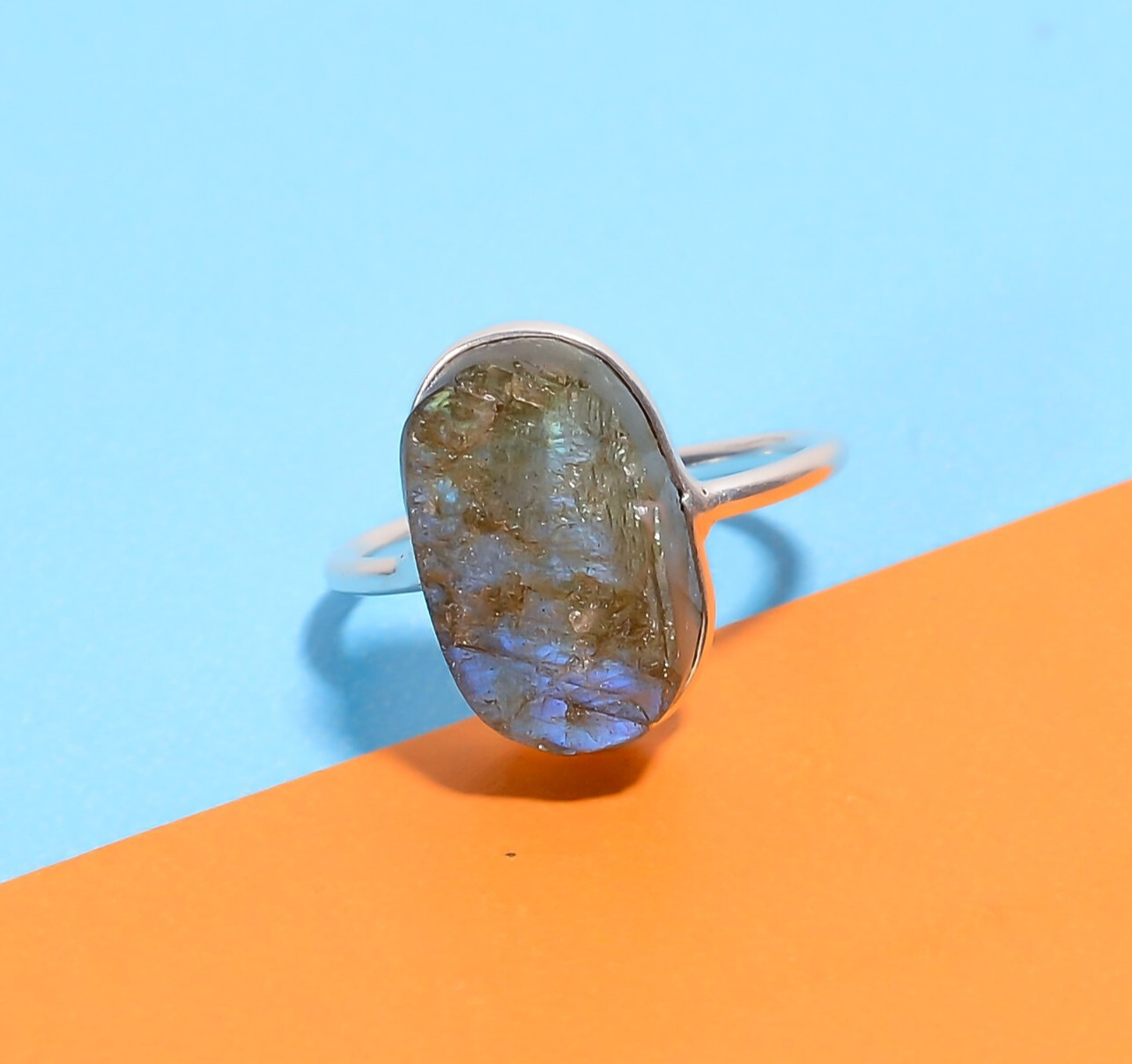 Blue flash Labradorite Rough Gemstone Jewelry Handmade Trendy Ring 7.5 US Gift