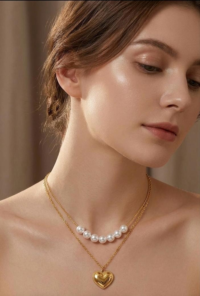 Gold Tone Layered Heart Charm Pendant Necklace with Pearl Beaded Chain