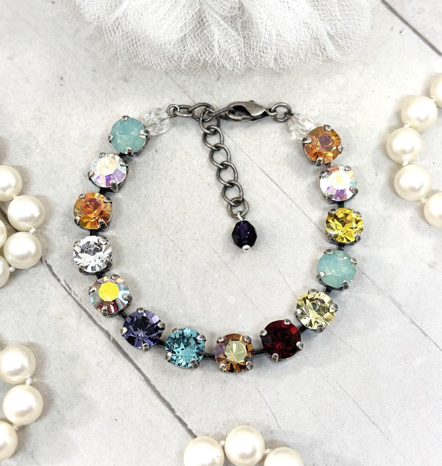 Silver Plated Bright RAINBOW Cup Chain Bracelet made with Mint Green Crystals
