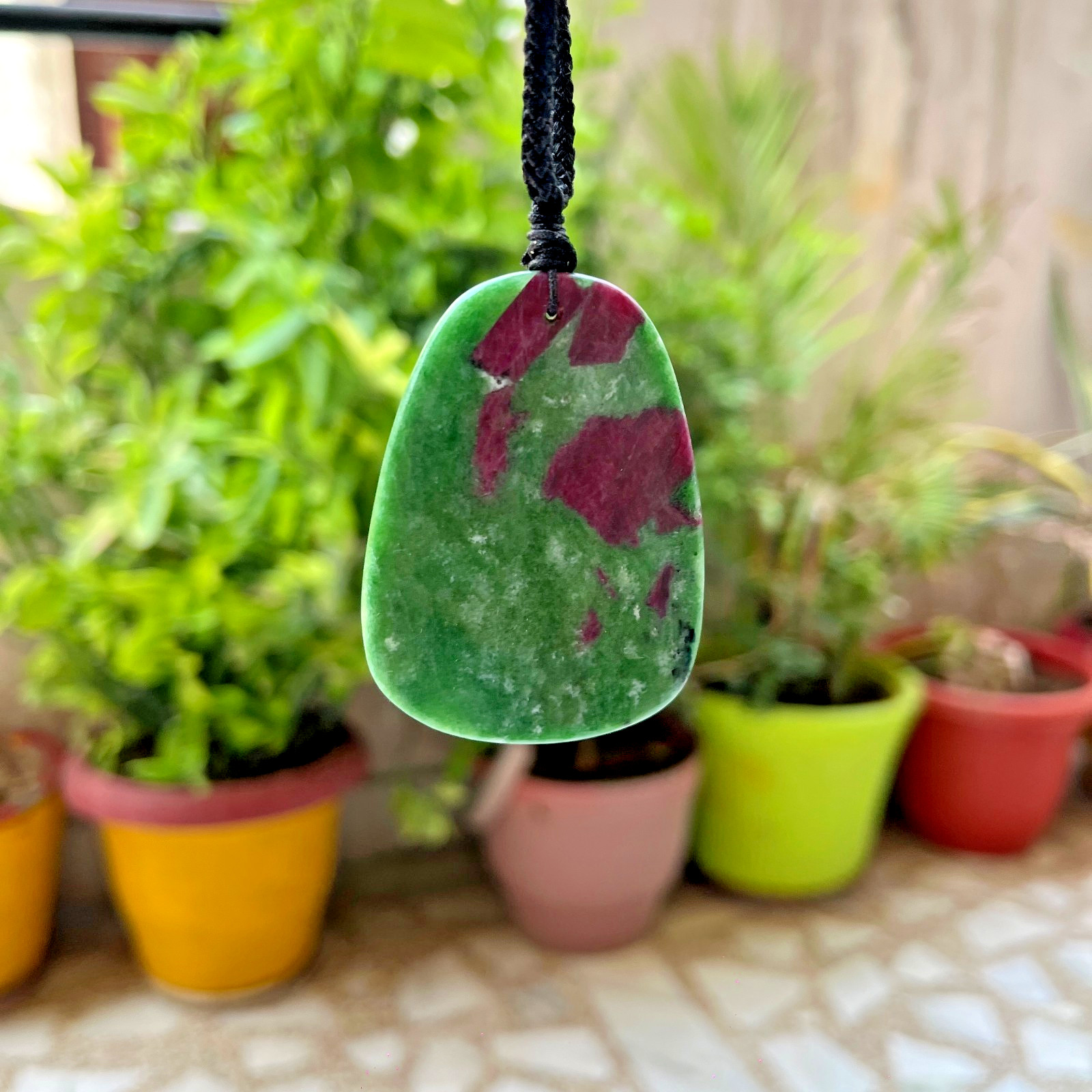 Ruby Zoisite Necklace Anyolite Crystal Pendant Adjustable Cord Healing Stone