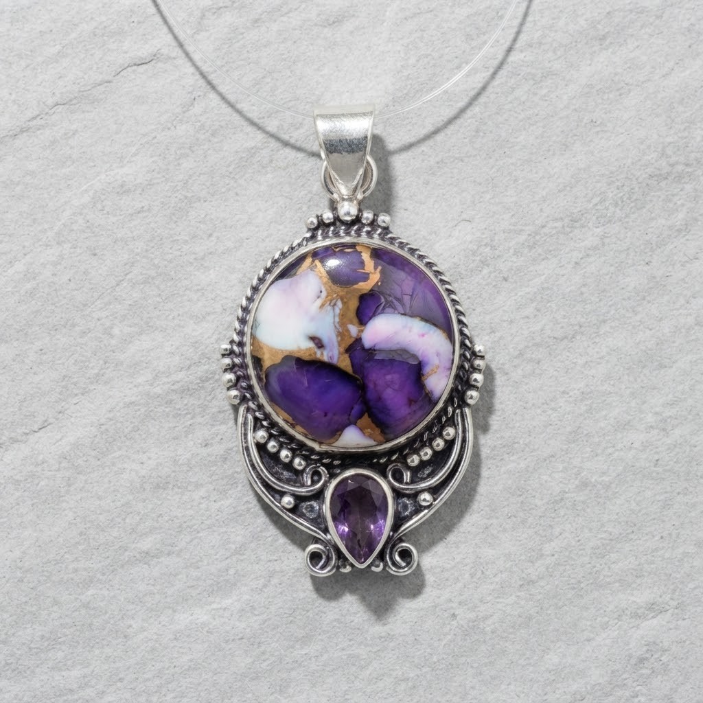 925 Sterling Silver Purple Copper Turquoise & Amethyst Pendant Handmade