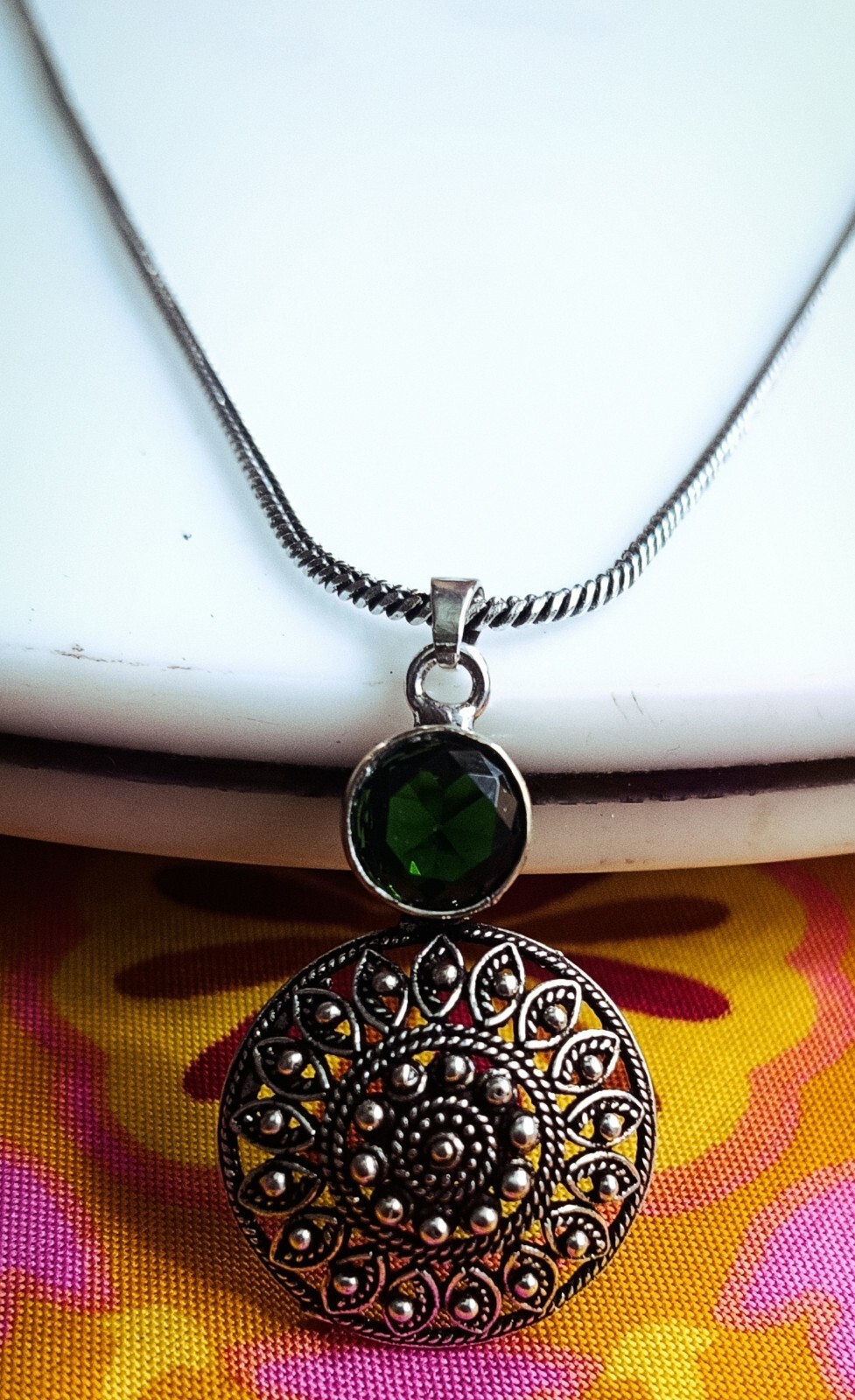 Green Stone Leaf Design Silver Necklace/Pendant Earring Set For Girls and Women