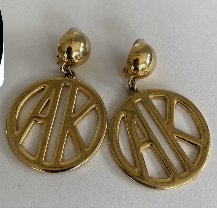Anne Klein Gold Tone Logo Designer Dangle Drop Clip-On Lobe Earrings