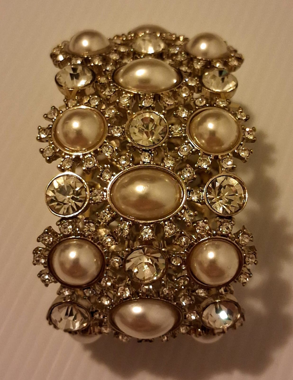 Gold Tone Faux Pearl Rhinestone Stretch Cuff Bracelet Wide Statement Wedding