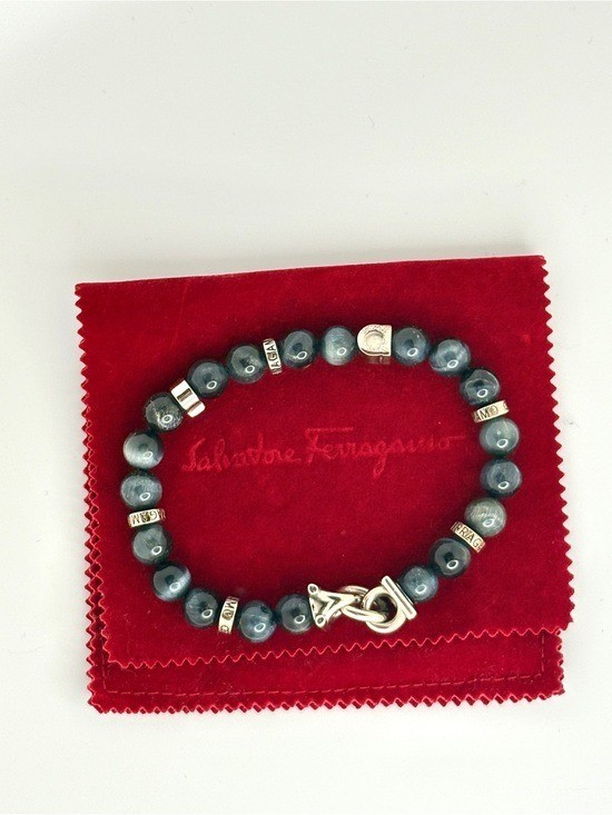Ferragamo Semi Precious Stone Silver-Tone Blue Beaded Gancini Bracelet NEW