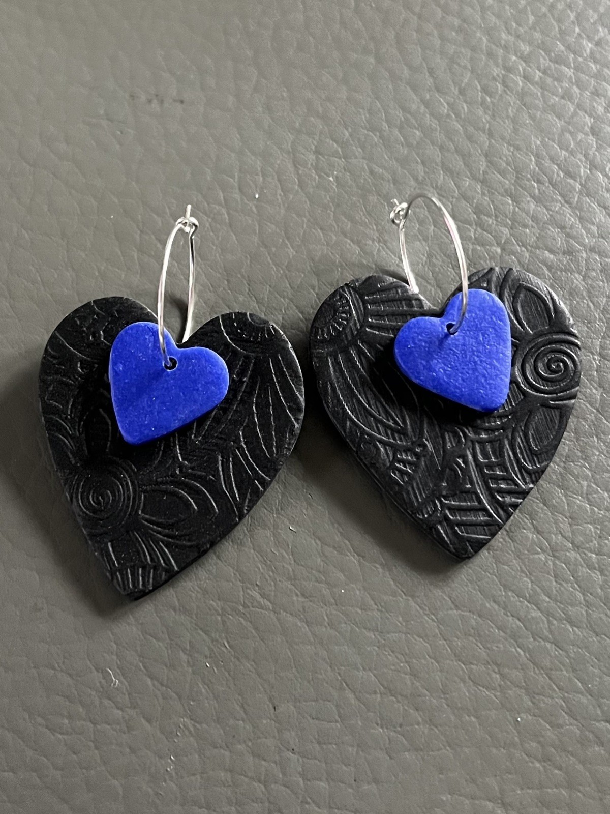 Black & Royal Blue Heart Polymer Clay Earrings – Handmade Statement Hoops