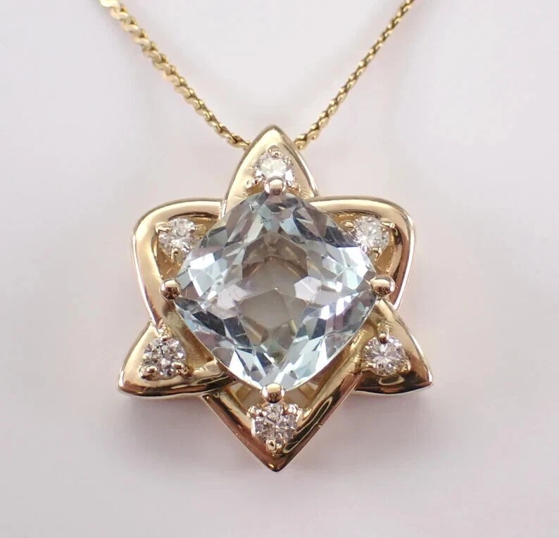 Cushion Cut Simulated Aquamarine Star Pendant Chain In 14k Yellow Gold Plated