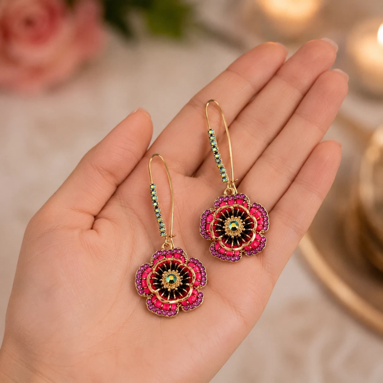Rose Flower Dangle Earrings – Pink & Gold Tone 3 Pack