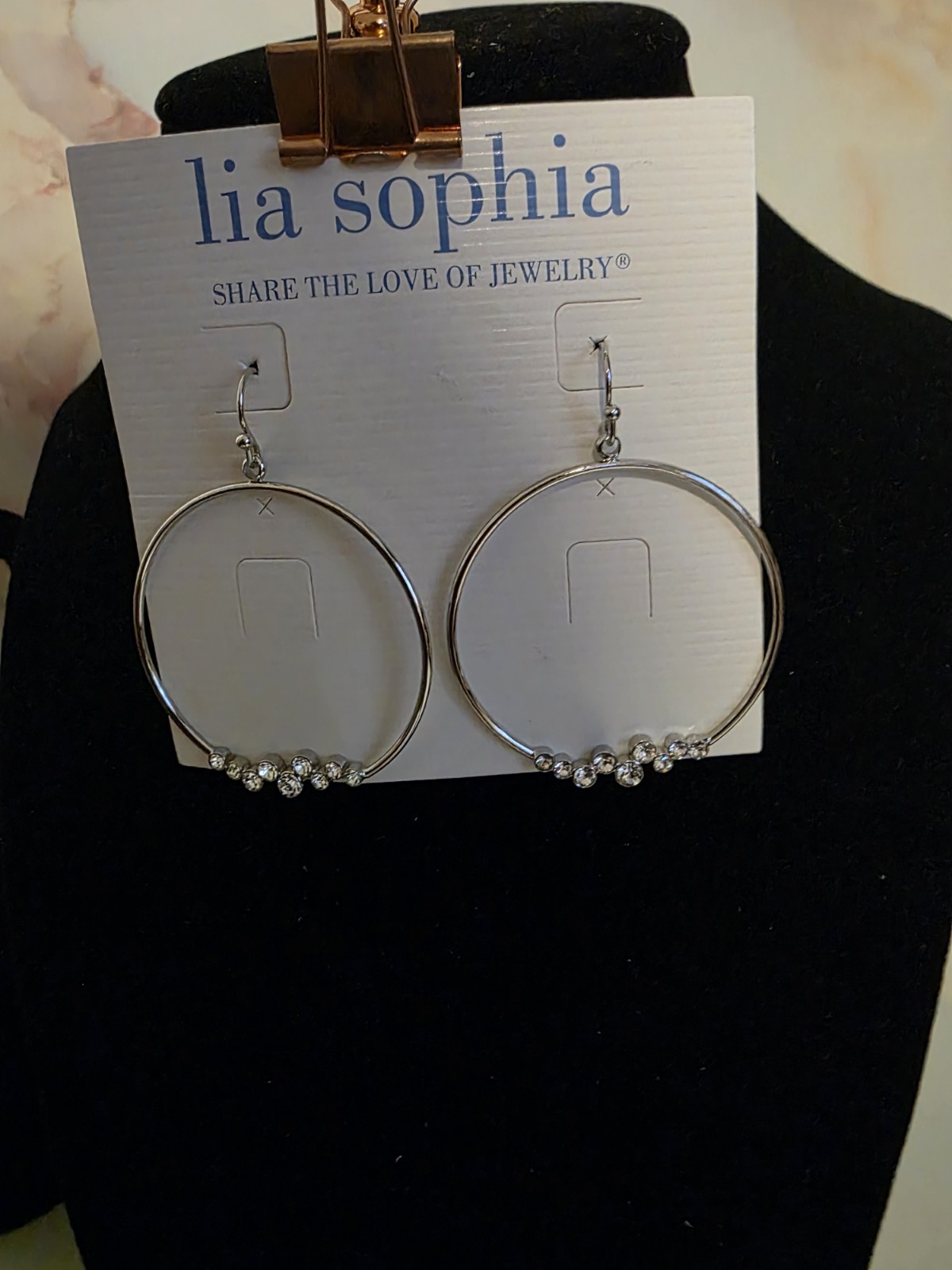 Lia Sophia Silver Tone Metal Clear Crystal Hoop Dangle Earrings French Wire