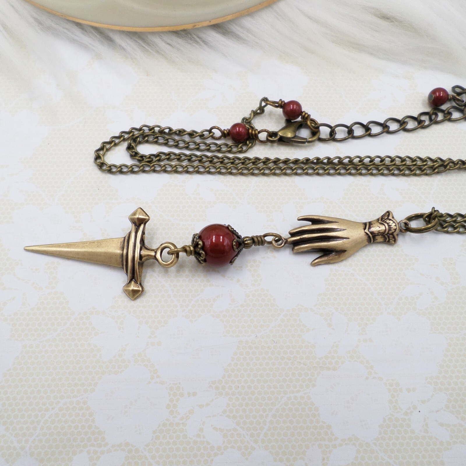 Victorian Dagger Necklace, Antique Brass Red Pearl Dark Academia Handmade