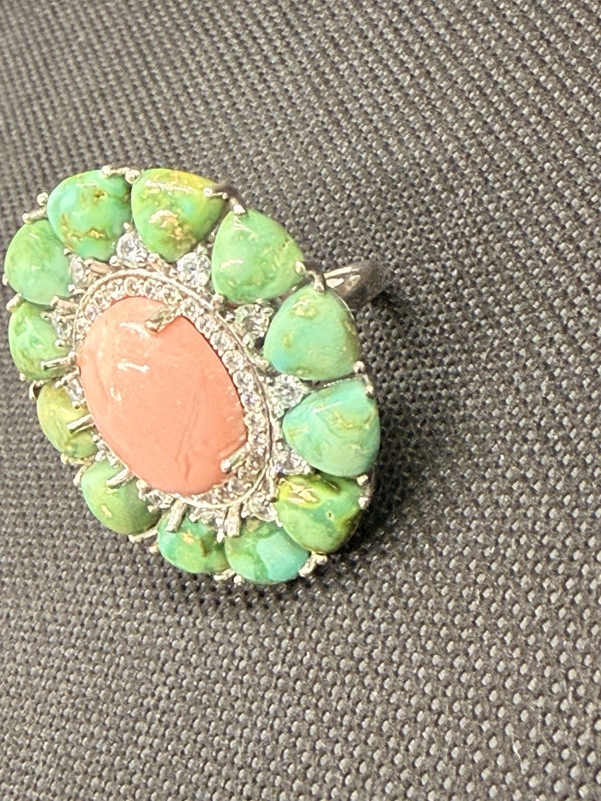 925 Silver Coral Turquoise CZ Halo Cocktail Ring Sz 7 Statement 13g