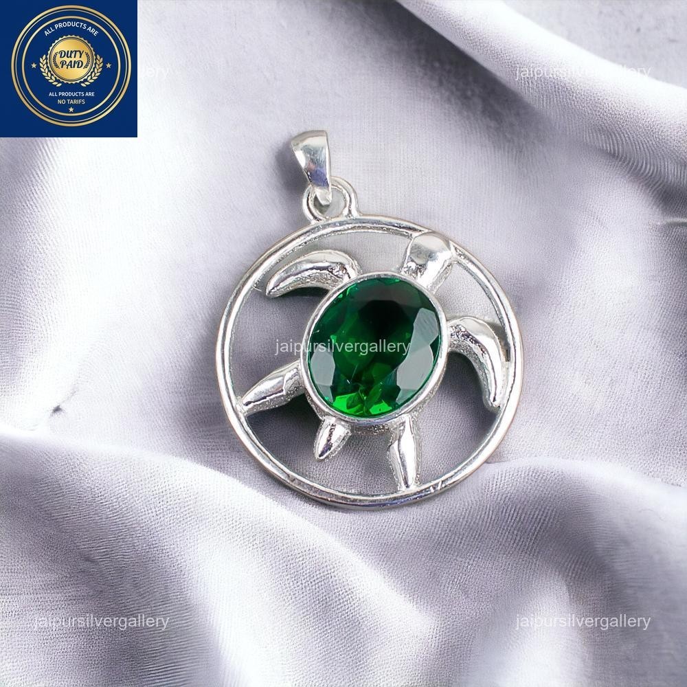 925 Silver Faceted Green Emerald Stone May Charm New Year Bezel Boho Pendant