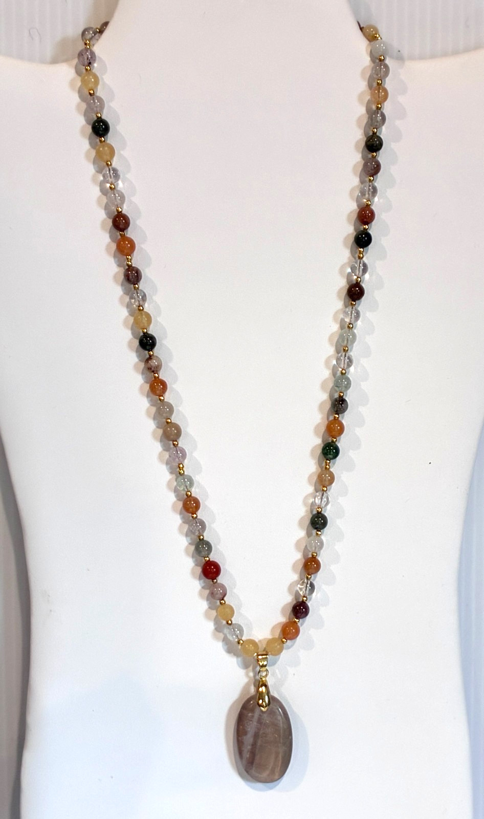 Mix Color Quartz Beaded & Dendritic Opal Pendant Necklace, 21- 23″ long