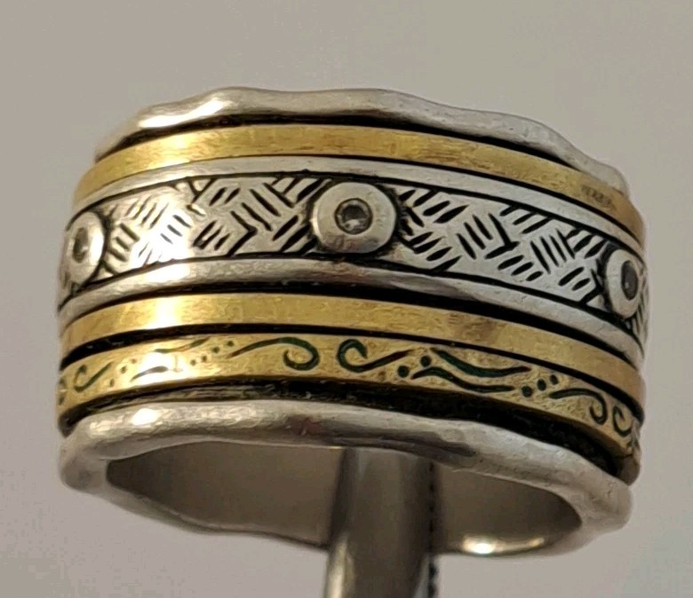 Silpada Isabella Spinner Ring Sterling & Brass Etched Bands Cz Size 8.5 17 grams