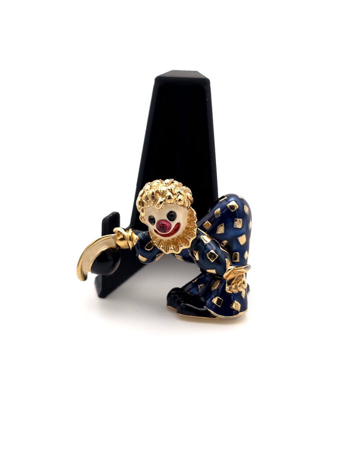 Vintage Joseph Mazer JOMAZ Blue Enamel Clown Bowing Brooch Pin Red Cabachon Nose
