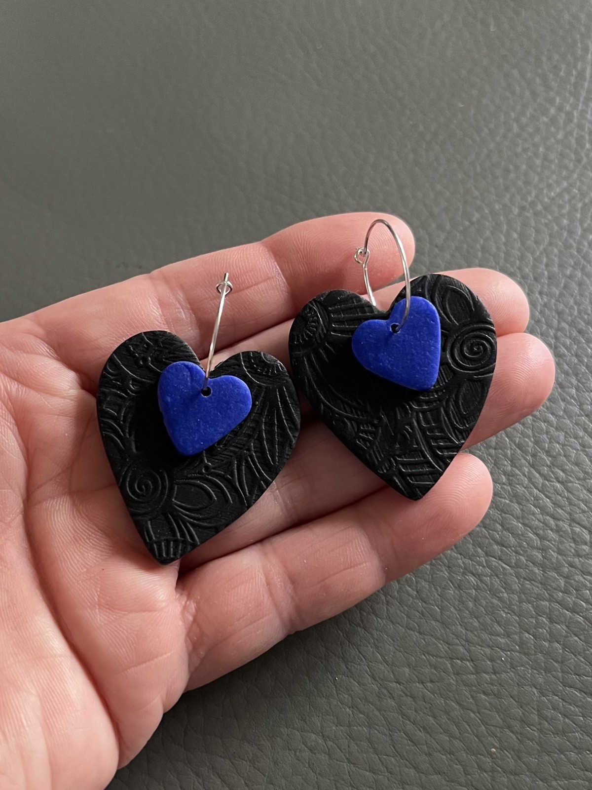 Black & Royal Blue Heart Polymer Clay Earrings – Handmade Statement Hoops