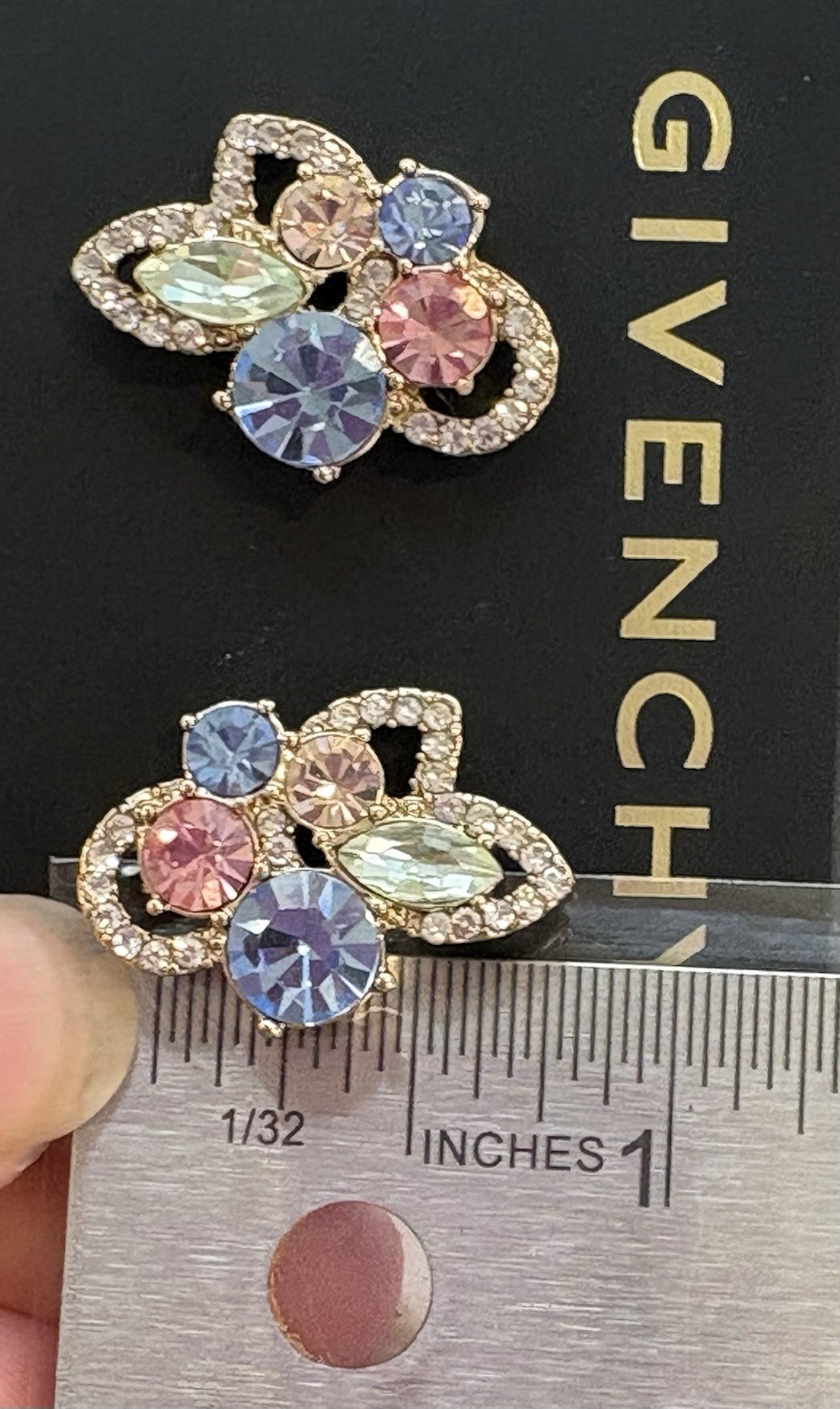 Givenchy Crystal Stud Earrings Gold Tone Pink Blue Green Rhinestone NWT Card