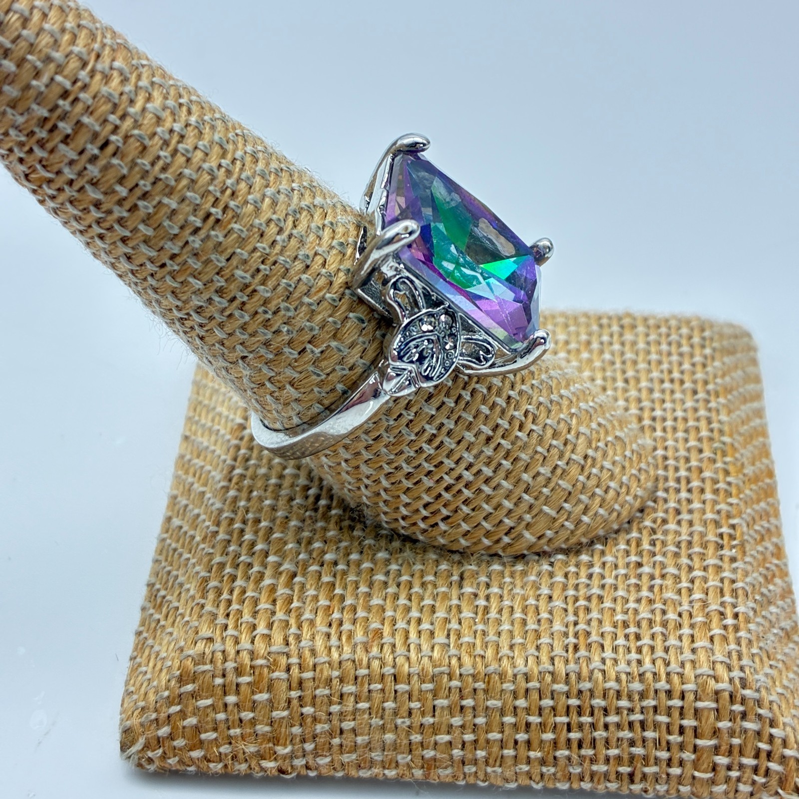 Aurora Borealis Crystal Cocktail Ring Silver Tone Filigree Statement Ring