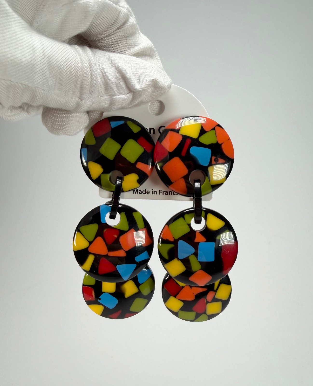 Marion Godart Confetti “Pendentif Triple Art Deco Pendant Resin Clip On Earrings