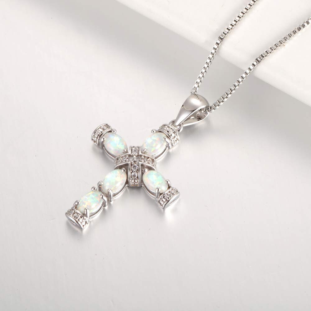 Hawaii White Fire Opal Cross Necklace pendants Silver Filled Women Girls Charm