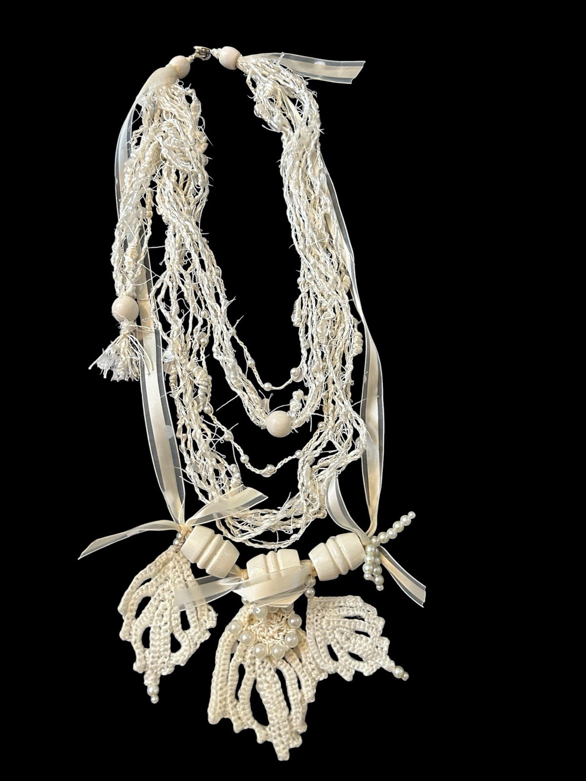 Ivory Layered Beaded Bib Charm Necklace Fabric Ribbon Bohemian Statement