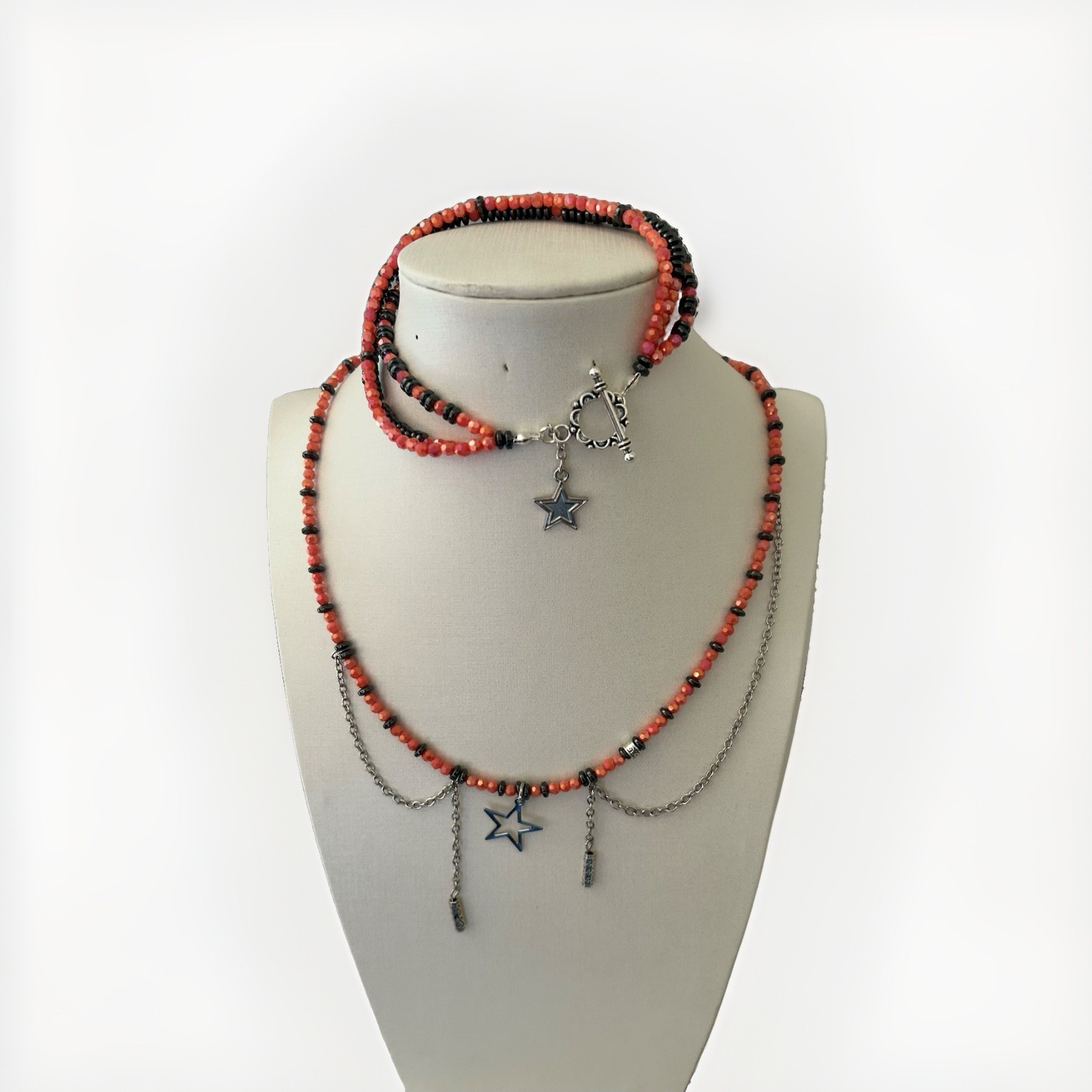 Layered Orange Black Beaded Cable Chain Necklace Silver Star Charm Celestial