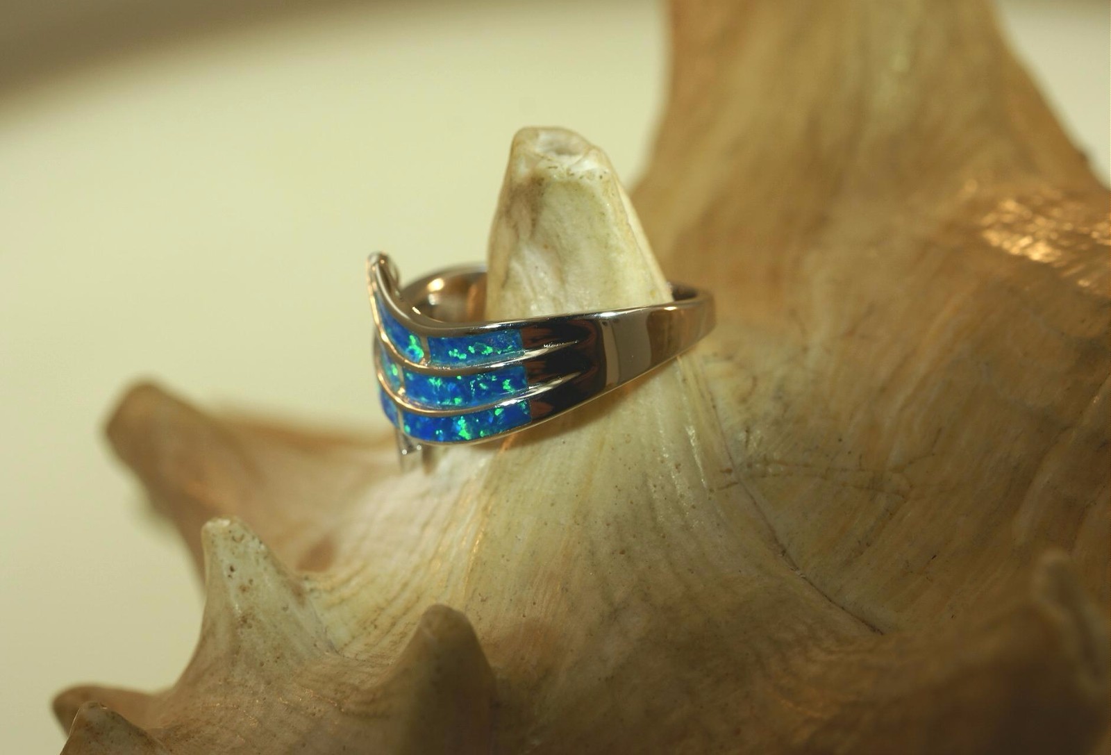 15MM HAWAIIAN RHODIUM ON 925 SILVER INLAID OPAL BREAKING OCEAN WAVE RING 5-10 #2