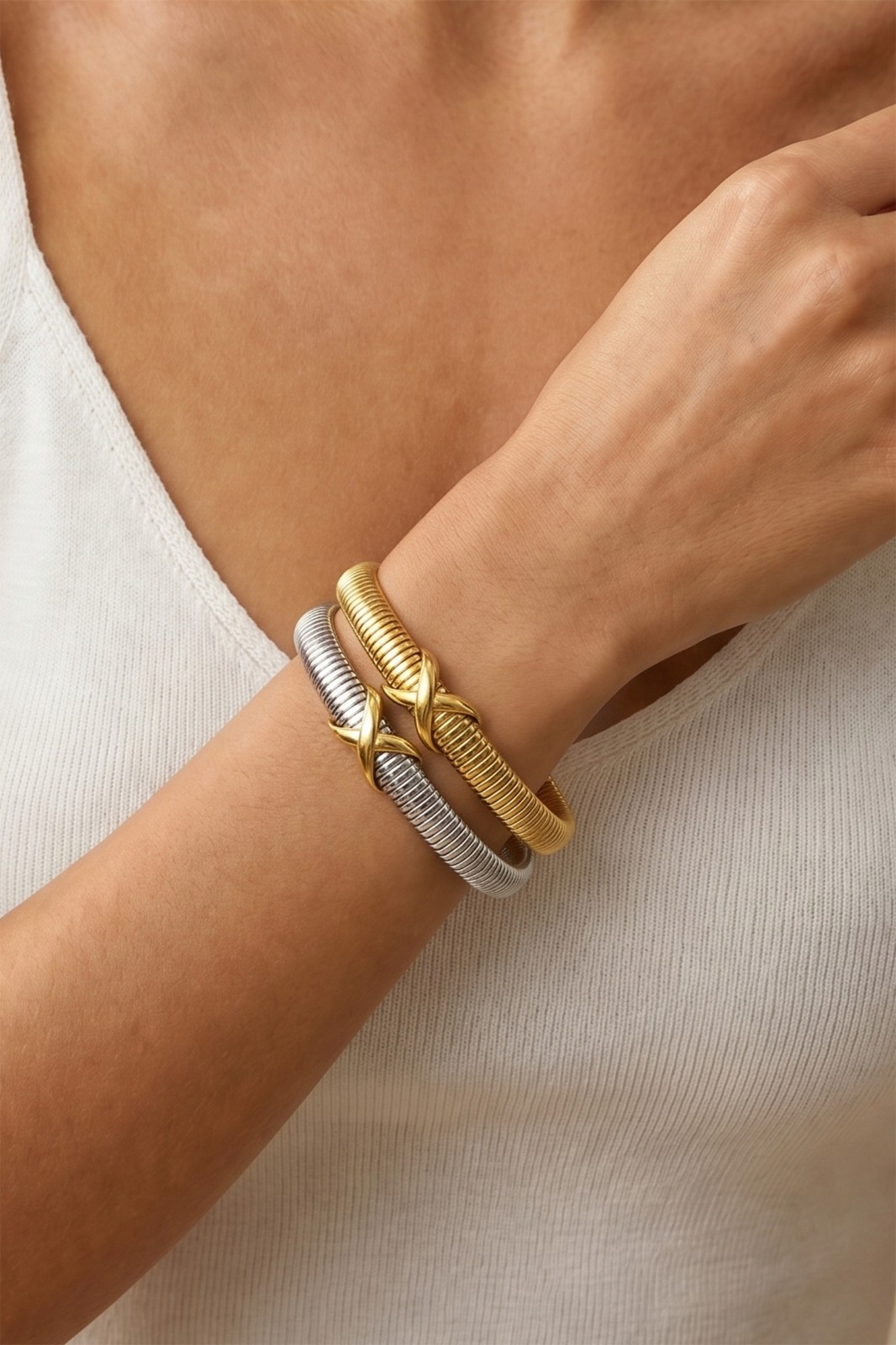 18K Gold Plated Stainless Steel Tubogas Snake Chain Crossed X Bangle Bracelet