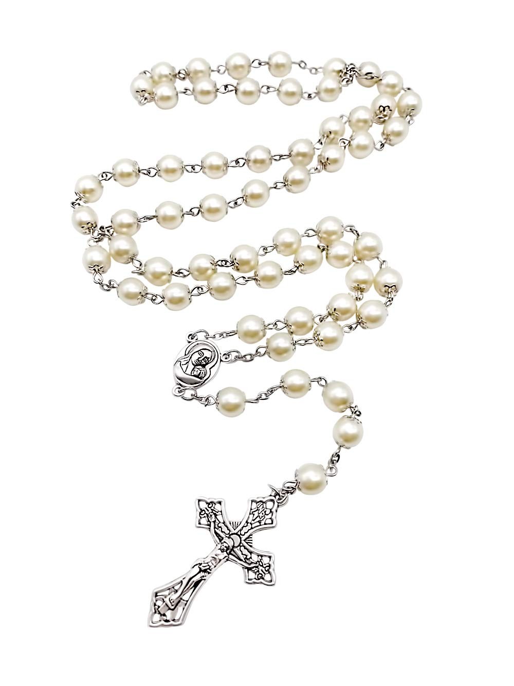 Collar rosario con medallón y cruz de cuentas color crema perla