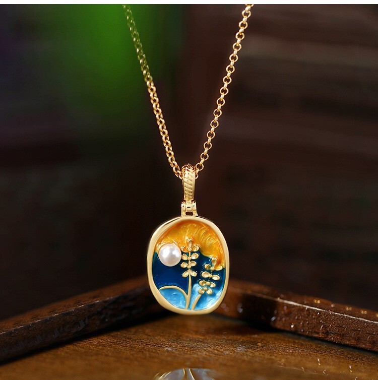 Pearl Retro Flower Pendant Necklace Charm 18K Gold Plated Monet Garden Style