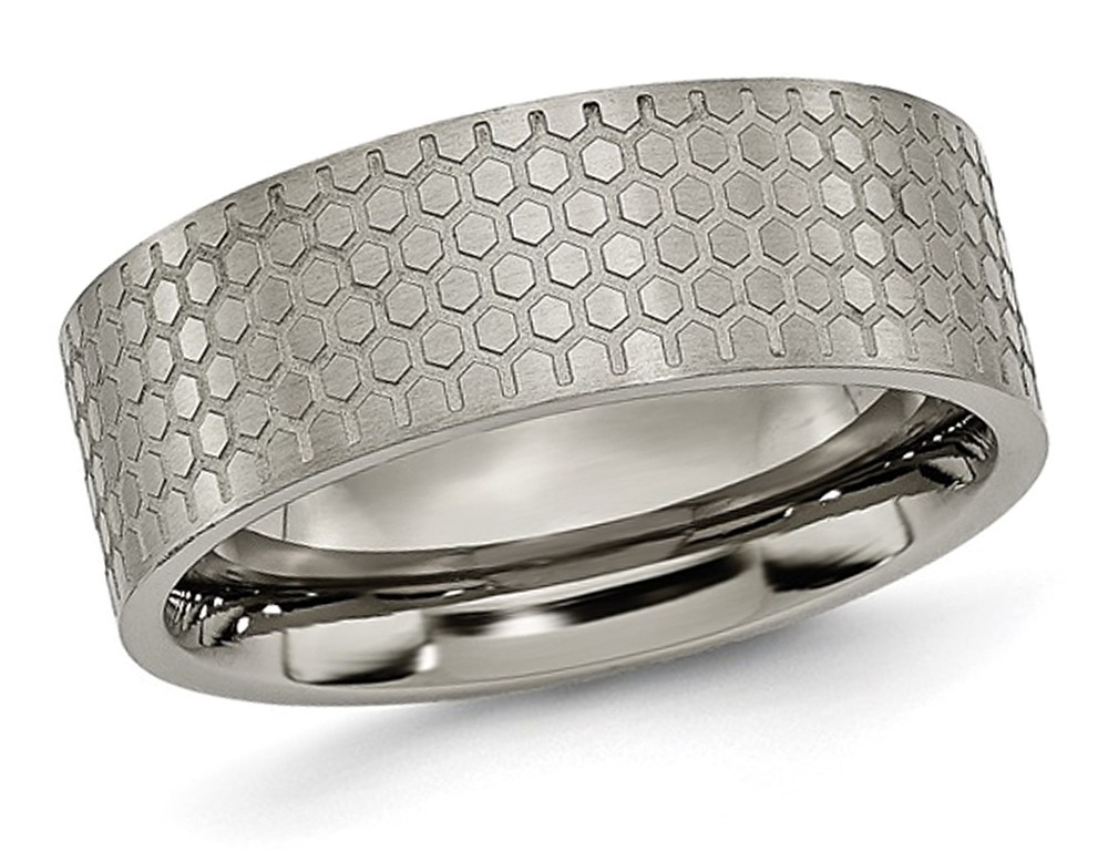 Mens Titanium Pattern Brushed Flat Band Ring 8mm