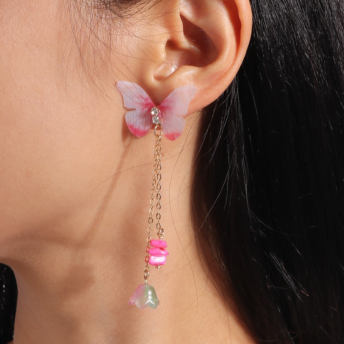 Pink Butterfly Flower Dangle Drop Earrings Crystal Tassel Women Fashion Jewelry