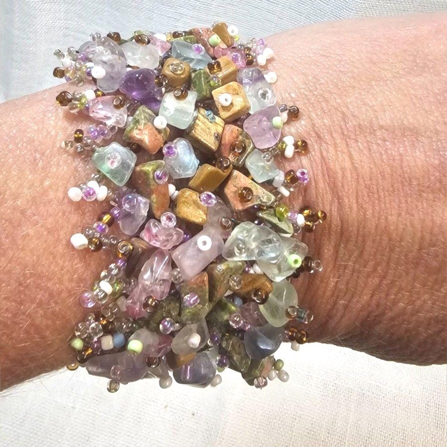 Boho Mixed Gemstone Chip Cluster Cuff Bracelet Amethyst Fluorite Wood Beaded