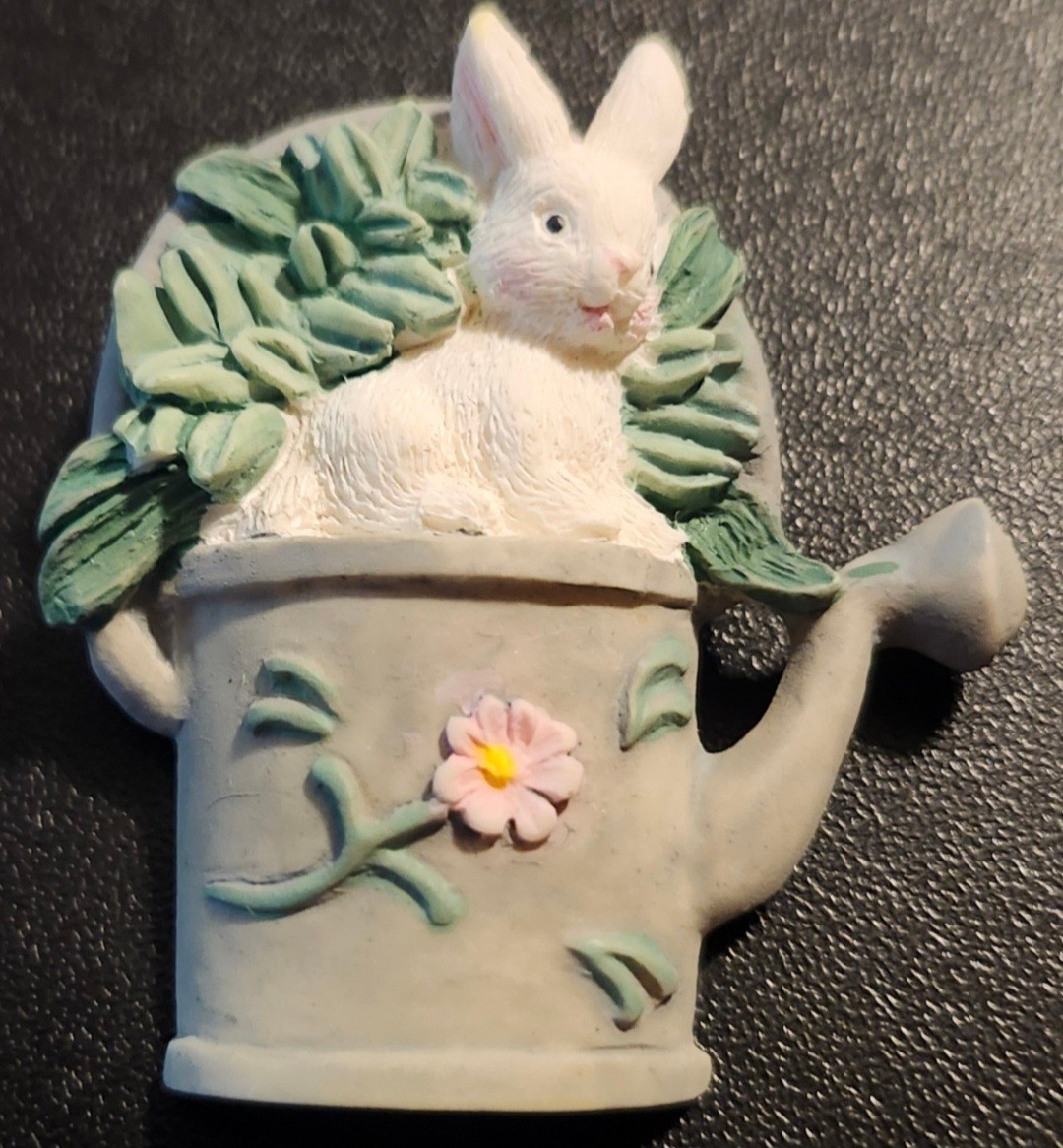 Vintage American Greetings Easter Bunny Watering Can Pin Brooch 1990s Resin
