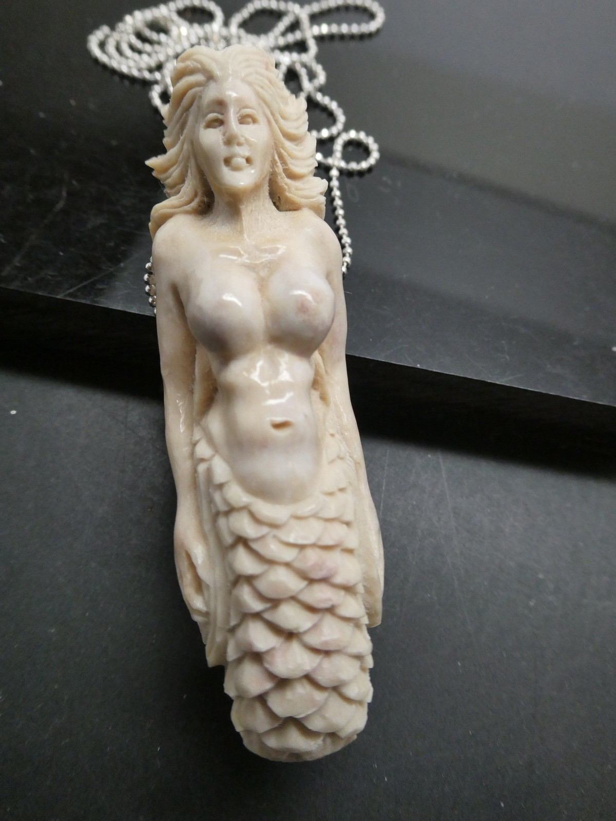 Mermaid Siren Carved Realistic Domestic Water Buffalo Bone Pendant Necklace 24″