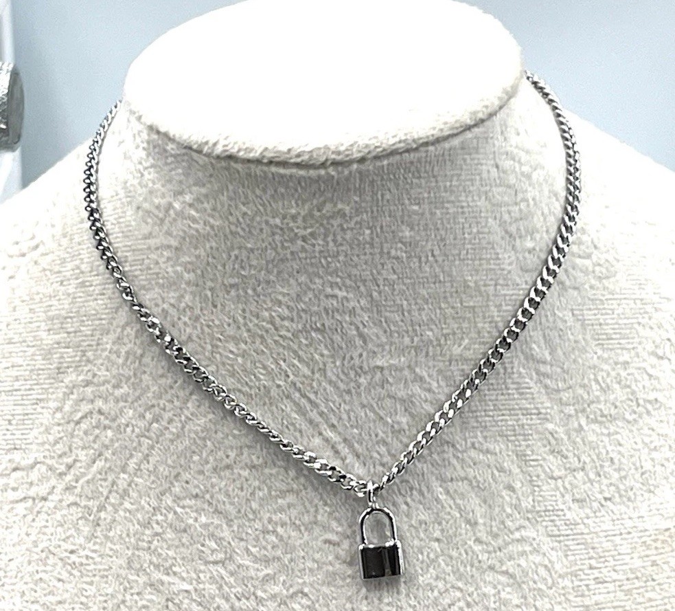 Lock Charm Necklace with Star Extender Chain Silver Tone Minimalist
