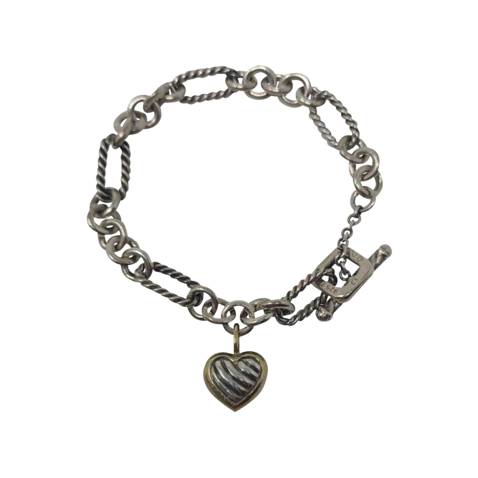 David Yurman Sterling Silver heart charm Figaro chain link bracelet