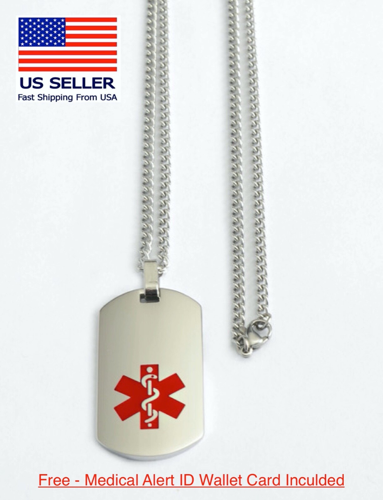 Diabetic Necklace, Medical Alert ID Necklace – FREE ID Wallet Card,Pre engraved